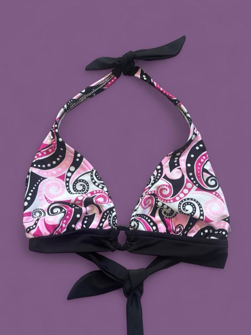 NEW Arizona Jeans Co. pink, black/white paisley print halter bikini top M
